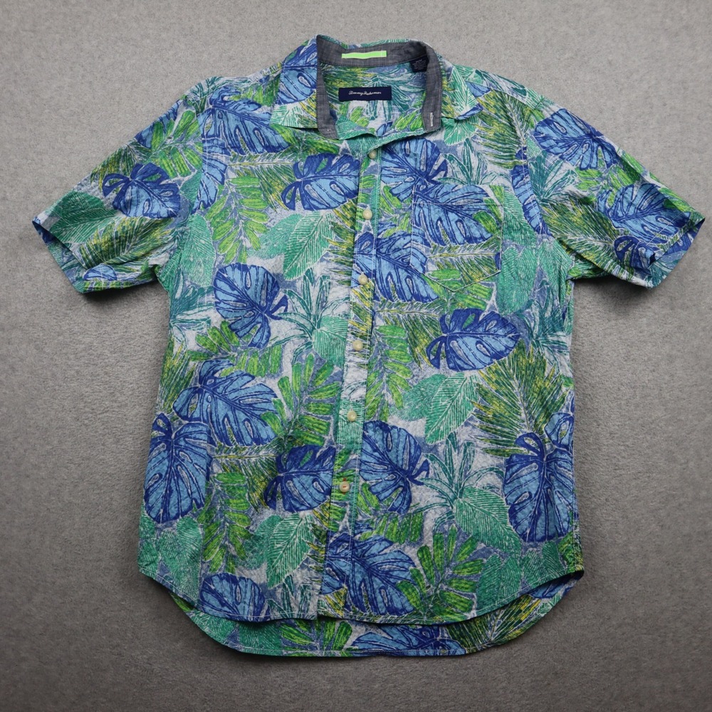 Tommy Bahama Shirt Mens Medium Hawaiian Tropical Monstera Leaf Button Blue Green